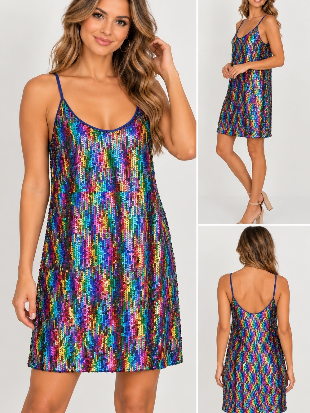 Allegra K Rainbow Sequin Cami Mini Dress Multicolor Sparkle Party Dress L